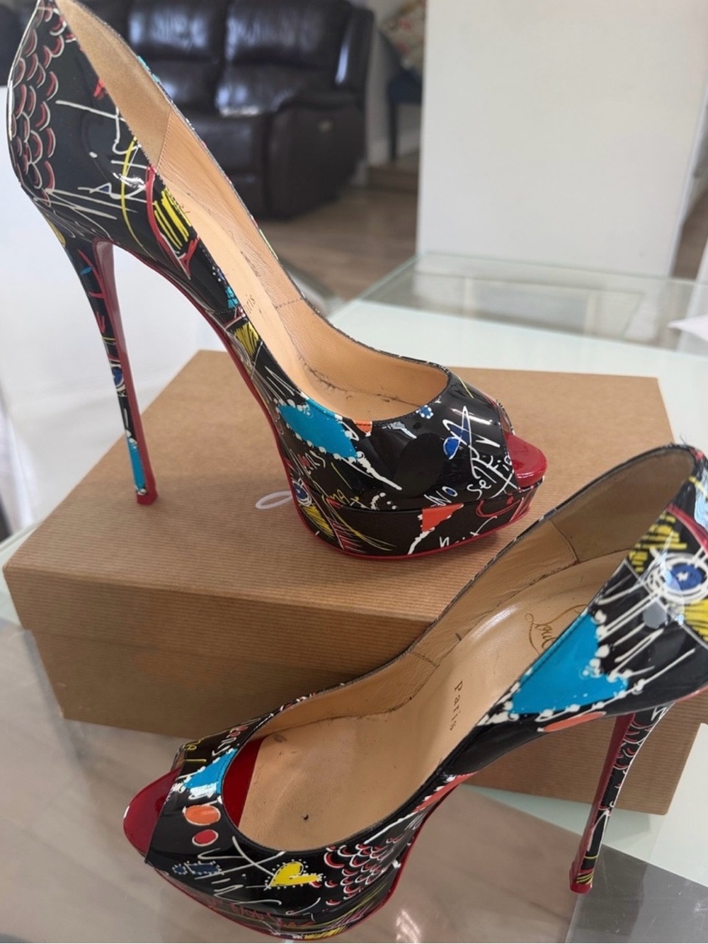 Christian Louboutin Black Multicolor Graphic Patent Peep-Toe Stilettos ( SOLD)